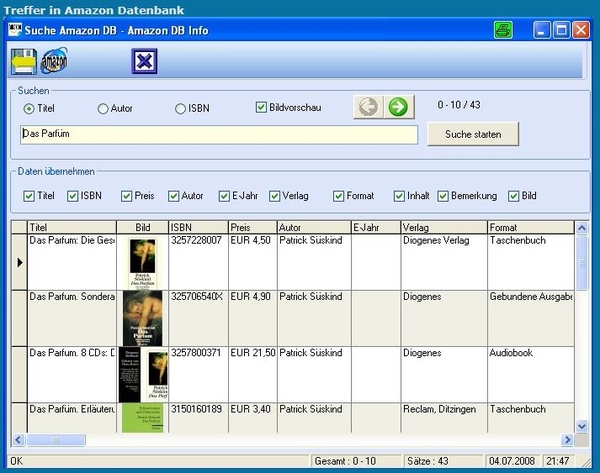 Treffer der Suche in der Amazon-Datenbank